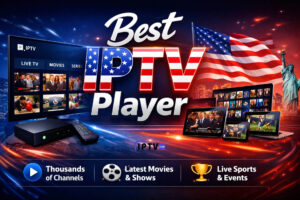 Comparative guide showing top IPTV player app icons: TiviMate, IPTV Smarters Pro, and Ibo Player Pro for 2025.