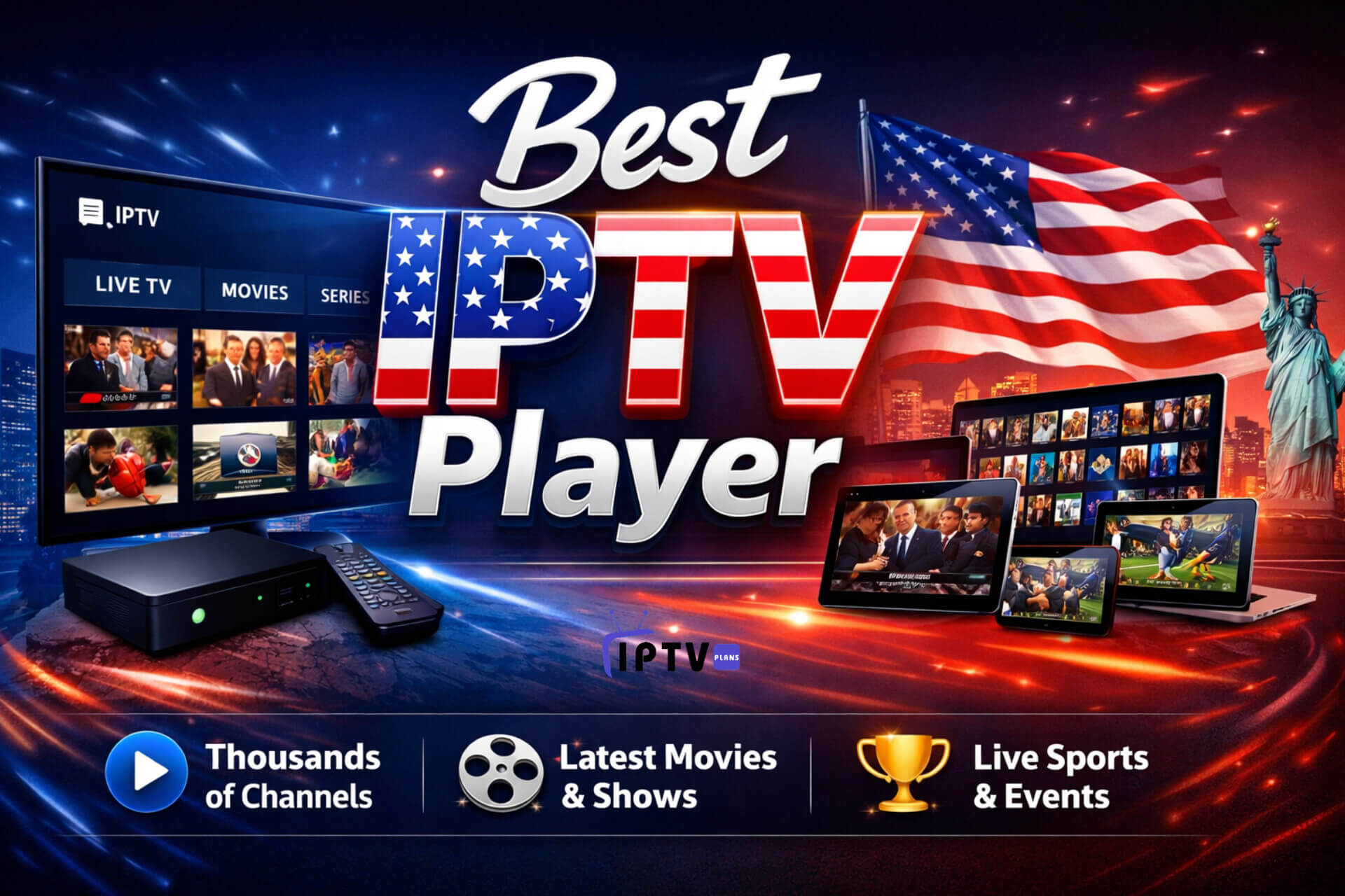 Comparative guide showing top IPTV player app icons: TiviMate, IPTV Smarters Pro, and Ibo Player Pro for 2025.