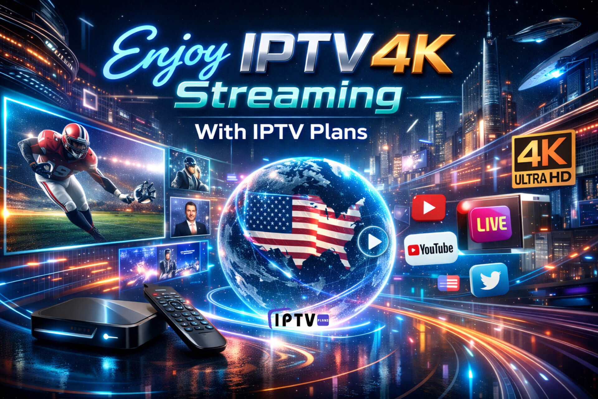 Enjoy IPTV 4K streaming with IPTV Plans featuring live TV, sports, movies, and US channels in ultra HD quality