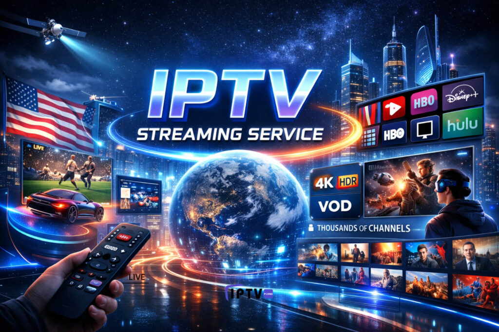 Futuristic IPTV Streaming Service for US users with live TV, movies, and sports
