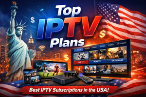 Top IPTV Plans USA promotional banner featuring live TV, sports, movies, and multi-device IPTV streaming services