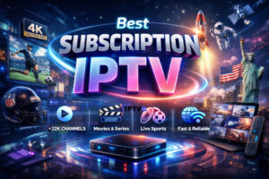 Best Subscription IPTV advertising banner featuring a futuristic neon cityscape, glowing 3D title text, streaming device, sports visuals, US-themed elements, and icons highlighting +22K channels, movies & series, live sports, and fast reliable streaming.