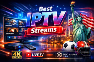 Best IPTV Streams promotional banner featuring a futuristic TV interface with live sports and movies, a glowing city skyline, American symbols, 4K Ultra HD badge, Live TV & VOD icons, and modern neon styling.