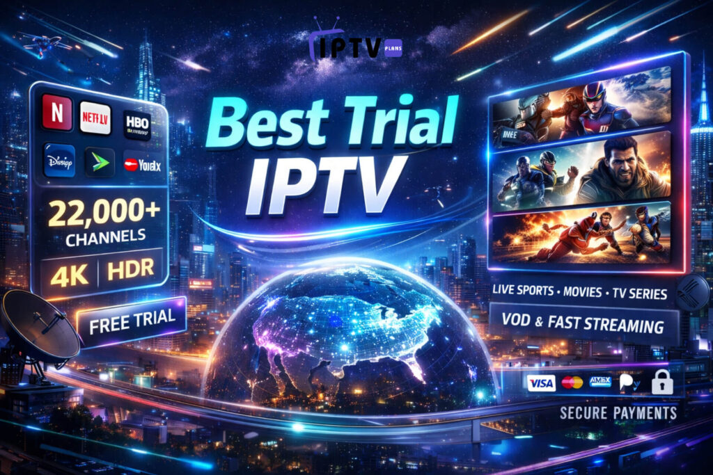 Best Trial IPTV futuristic streaming concept showing smart TV interface with global channels and free trial features for USA users