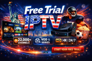 Free Trial IPTV service for USA – modern rectangular banner showing live TV, movies, sports, HD & 4K streaming with 10,000+ channels and VOD series.