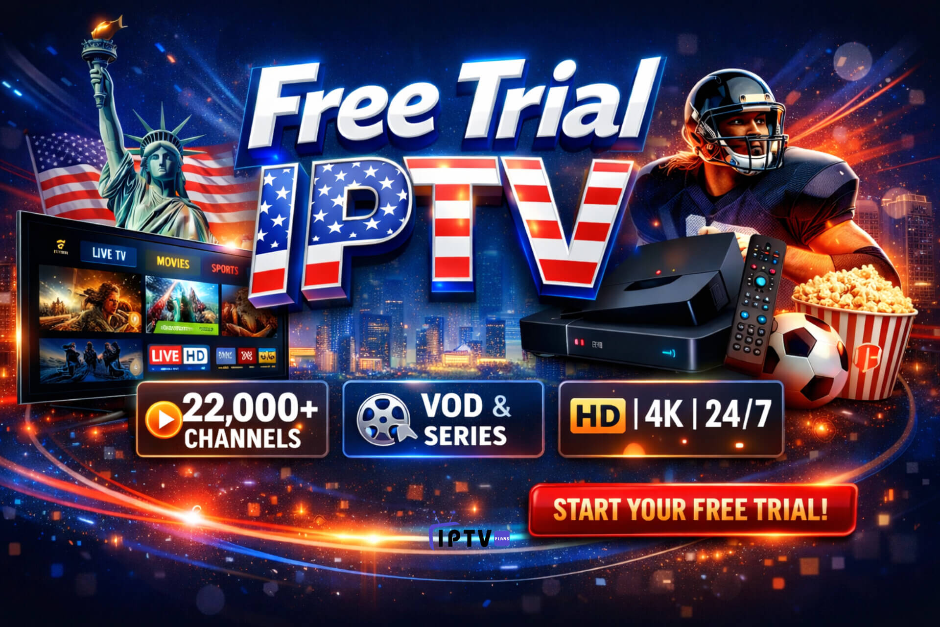 Free Trial IPTV service for USA – modern rectangular banner showing live TV, movies, sports, HD & 4K streaming with 10,000+ channels and VOD series.