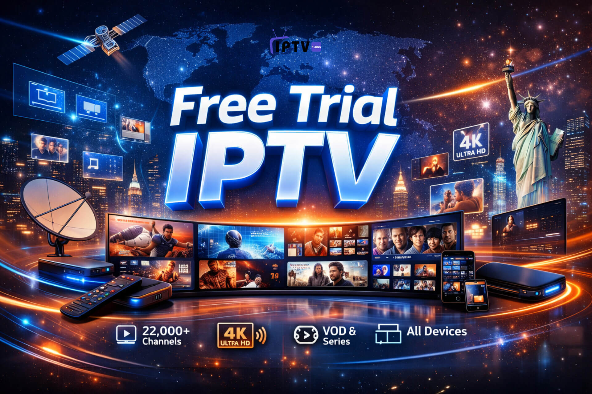 Free Trial IPTV banner by IPTV Plans, showcasing futuristic streaming, 22,000+ live channels, 4K Ultra HD quality, and support for all devices in the USA