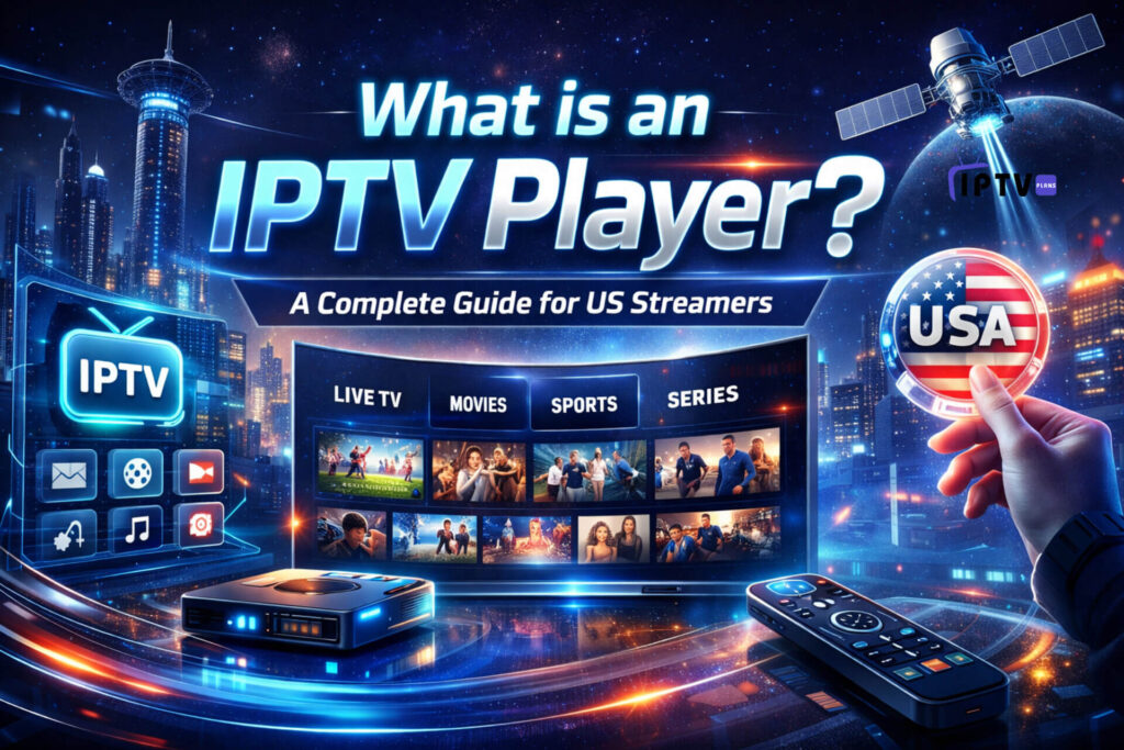 Futuristic rectangular banner design with the title “What is an IPTV Player? A Complete Guide for US Streamers” featuring a glowing IPTV interface, live TV and movie categories, streaming device, remote control, and USA badge over a modern digital city background.