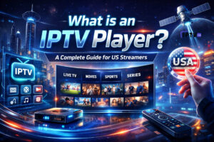 Futuristic rectangular banner design with the title “What is an IPTV Player? A Complete Guide for US Streamers” featuring a glowing IPTV interface, live TV and movie categories, streaming device, remote control, and USA badge over a modern digital city background.