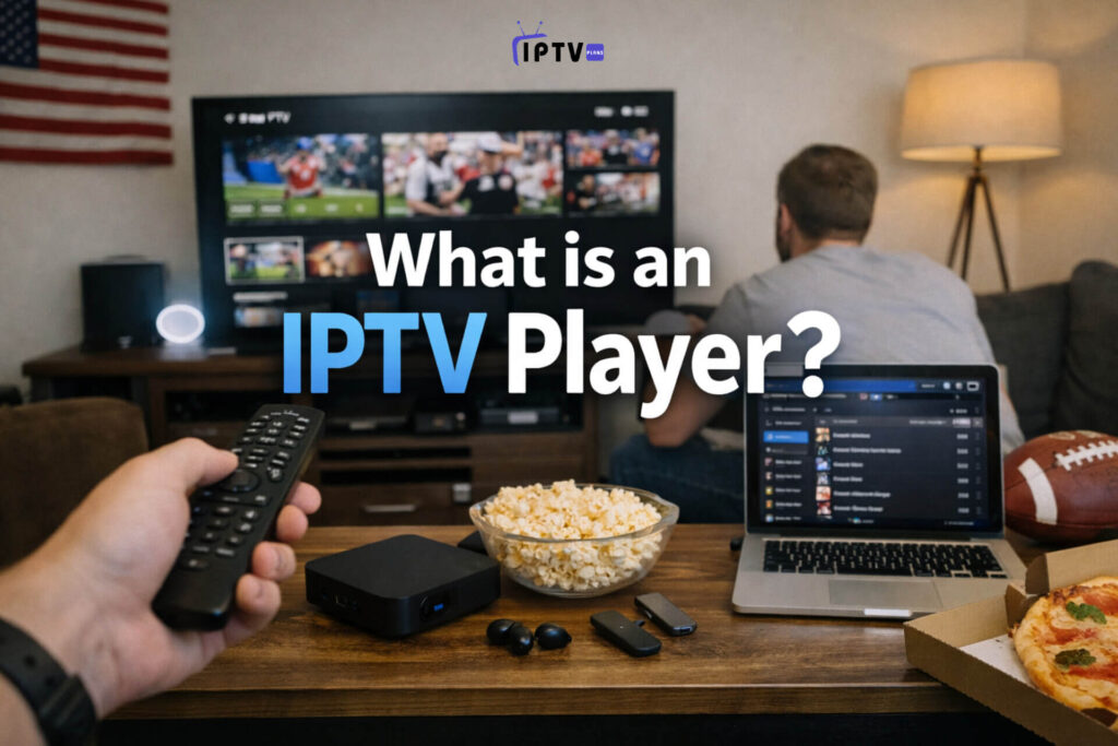 Futuristic IPTV player concept showing smart TV interface with live channels, movies, and streaming apps, holographic controls, and glowing neon technology elements representing modern digital entertainment in the United States.