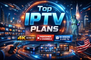 Futuristic marketing image for IPTV services in the USA, featuring the title 'Top IPTV Plans' in glowing blue, a remote control, multiple devices showing various channels, the Statue of Liberty with neon effects, and banners highlighting 4K Ultra HD, thousands of channels, and on-demand & live TV, designed as a stylish rectangular layout