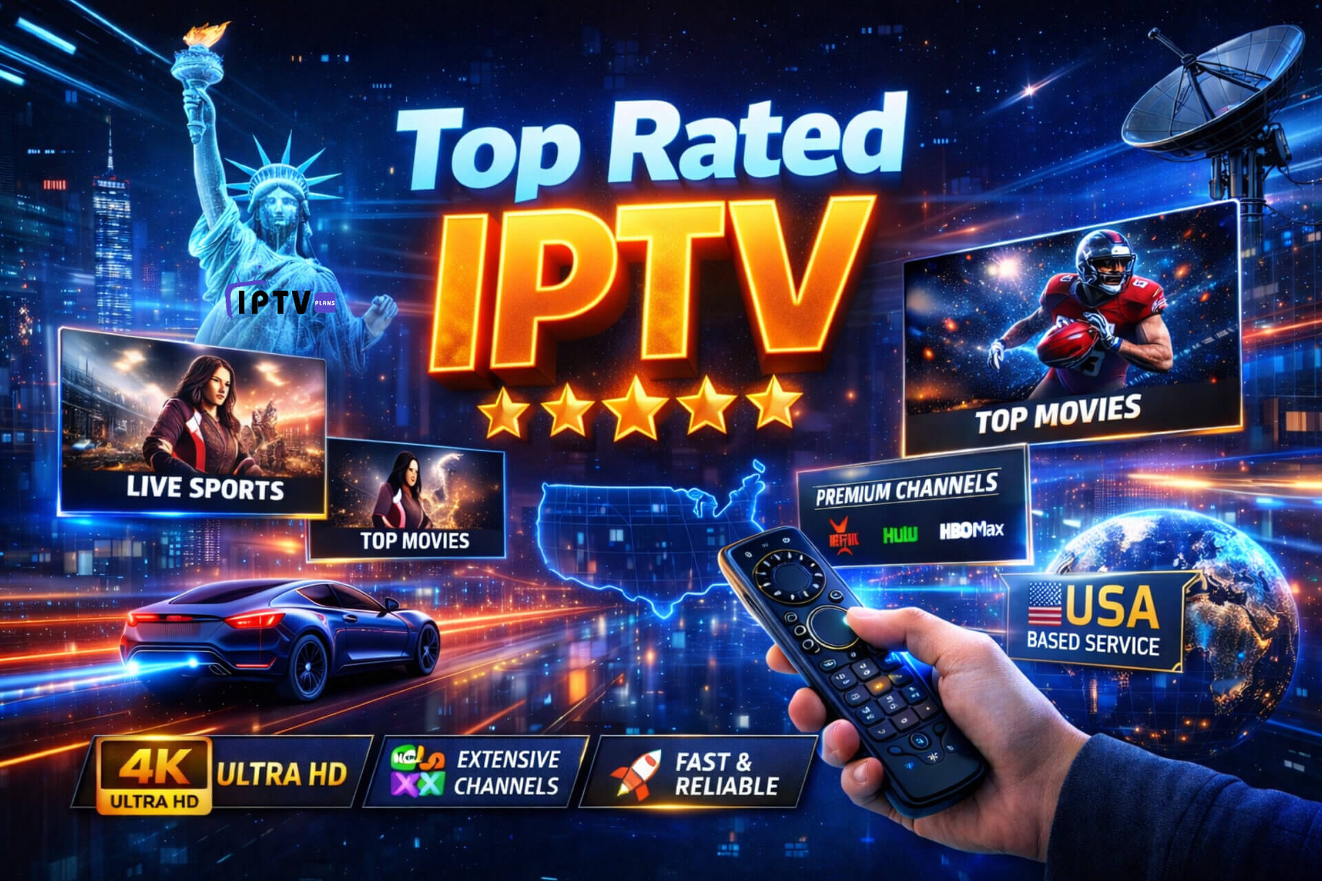 Top Rated IPTV futuristic promotional banner featuring a neon city skyline, glowing 3D title text, five-star rating, live sports and movie previews, premium channels, USA-based service badge, and a remote control highlighting 4K Ultra HD and fast reliable streaming.