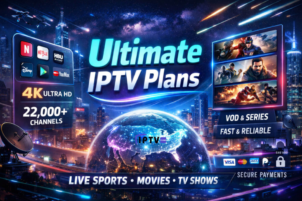 Ultimate IPTV Plans futuristic advertisement featuring neon city skyline, 4K Ultra HD quality, 22,000+ channels, VOD & series, live sports and secure payments.
