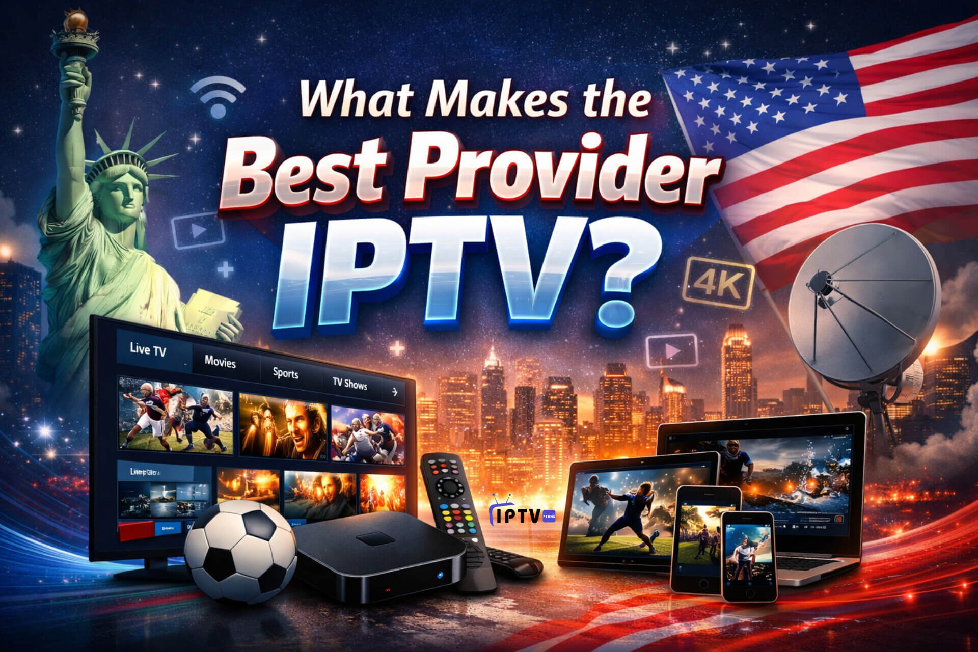 Professional promotional banner showing IPTV streaming devices, TV screens with sports and movies, the American flag and Statue of Liberty with the title "What Makes the Best Provider IPTV?" targeting IPTV users in the USA.