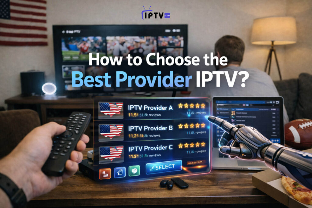 Person using a remote control in a modern living room while comparing IPTV providers on a smart TV and laptop, showing ratings and reviews to help choose the best IPTV service in the USA.