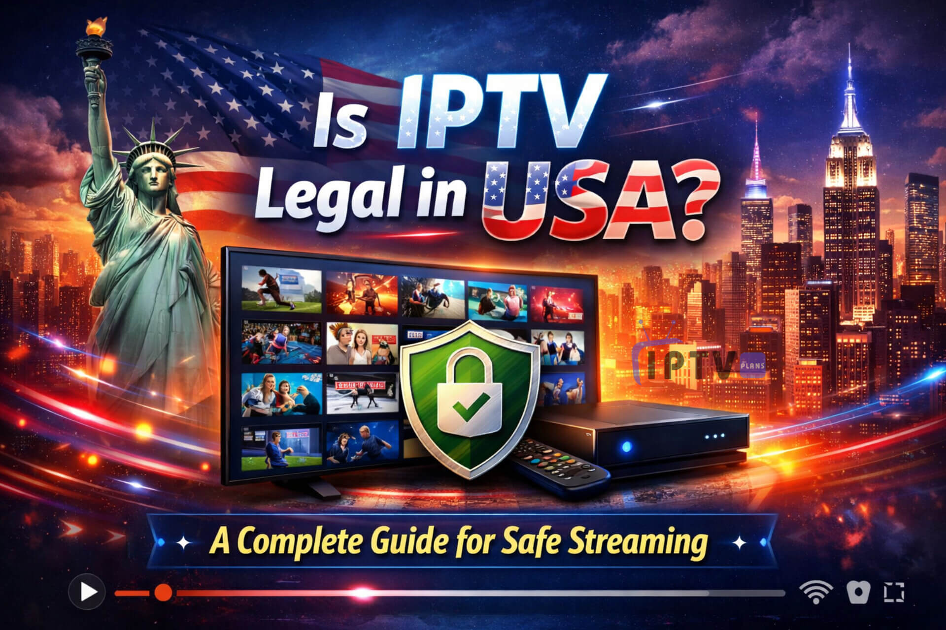 Is IPTV Legal in USA complete guide for safe streaming with smart TV, IPTV box, and security shield over American city skyline background