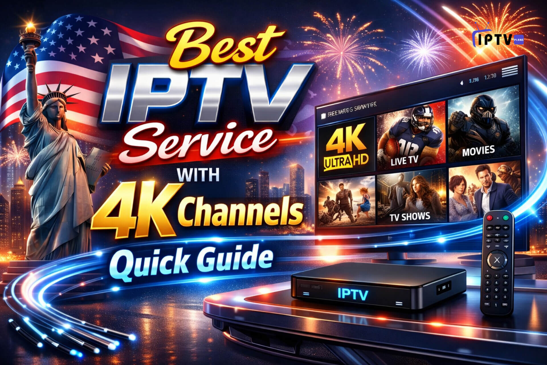 Best IPTV Service with 4K Channels Quick Guide promotional banner featuring a futuristic American skyline, Statue of Liberty, fireworks, and a modern TV displaying 4K live TV, movies, and shows, with glowing neon effects and IPTV device setup.
