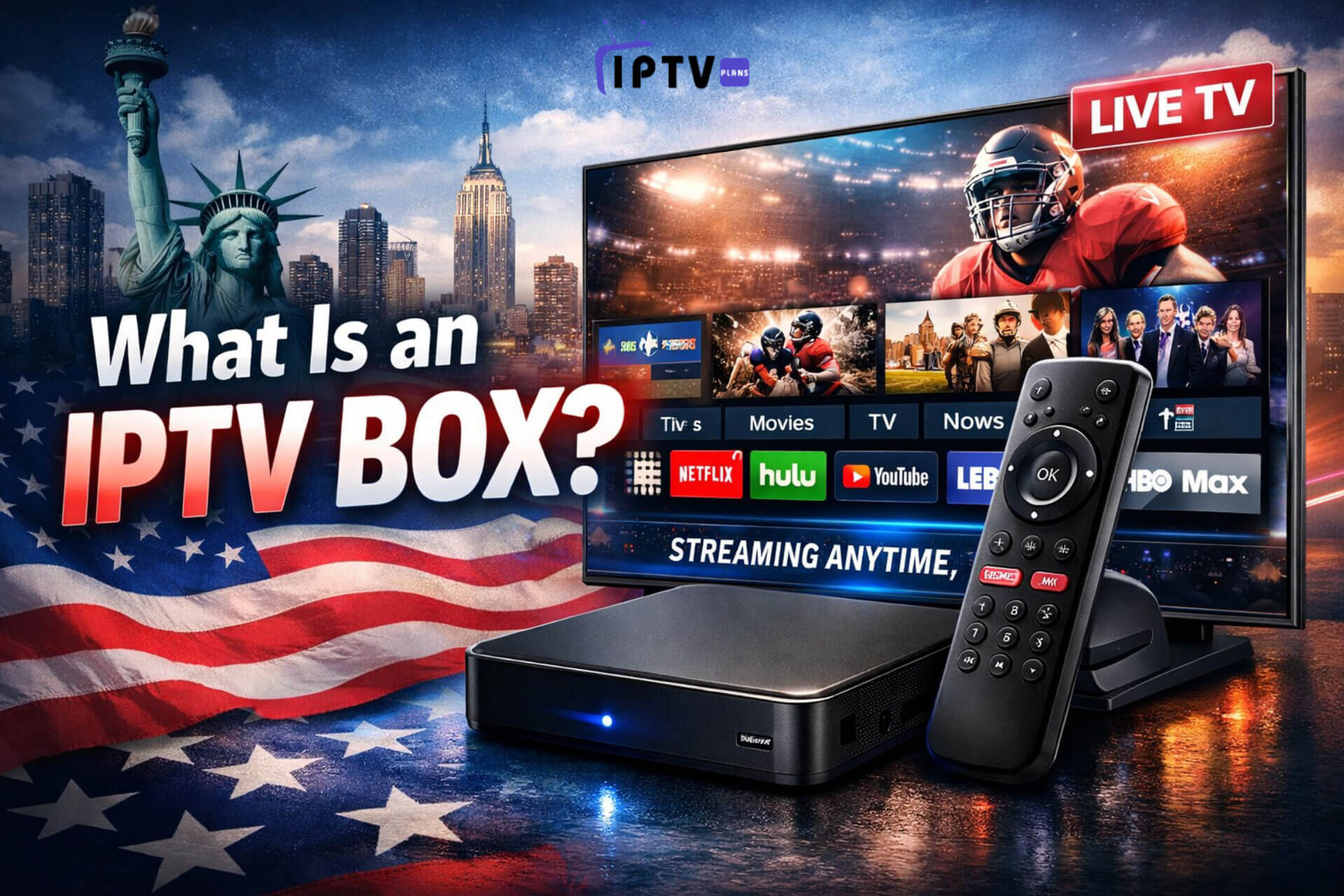 What Is an IPTV Box promotional banner featuring a modern IPTV device, remote control, and smart TV streaming apps like Netflix, Hulu, and YouTube, with an American flag and New York skyline background.