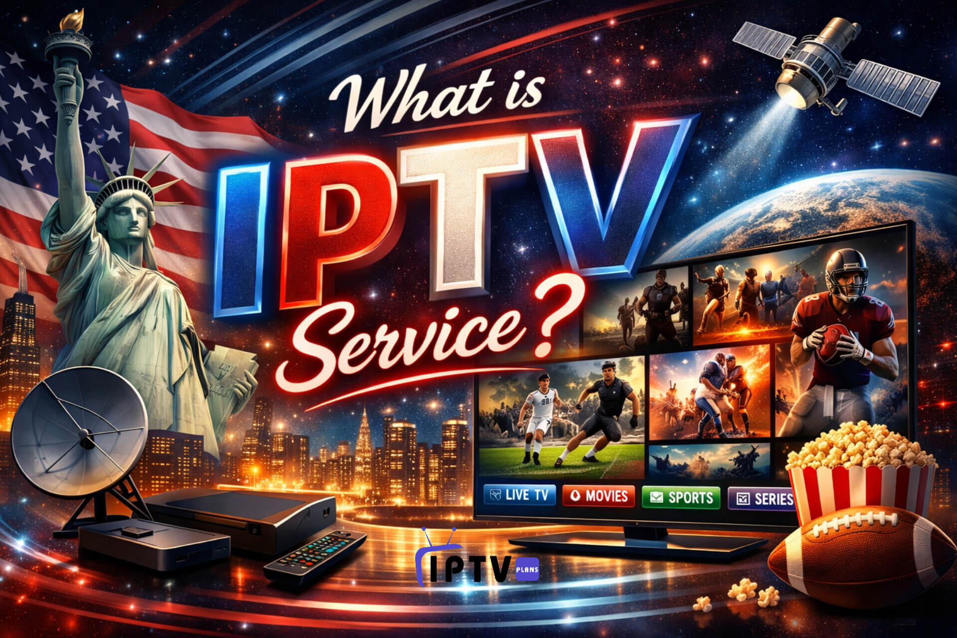 What is IPTV Service promotional banner featuring American theme, smart TV streaming live channels, movies, sports, and IPTV device setup in a modern digital design