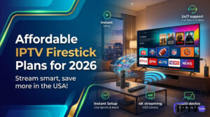 Affordable IPTV Firestick Plans for 2026 promotional banner featuring a USA-themed skyline with the Statue of Liberty and fireworks, a Firestick device and remote, and a central IPTV screen displaying sports, movies, and news, highlighting unlimited channels, 4K quality, and USA-based support.