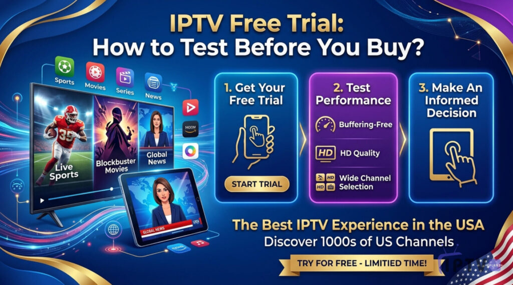 IPTV free trial banner showing how to test IPTV before buying with live TV, sports, and movies on multiple devices