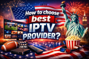 Buy IPTV plans with free trial – Best IPTV service in USA, UK and Canada, featuring live TV, movies, sports streaming on modern screen with American, British and Canadian themed design.