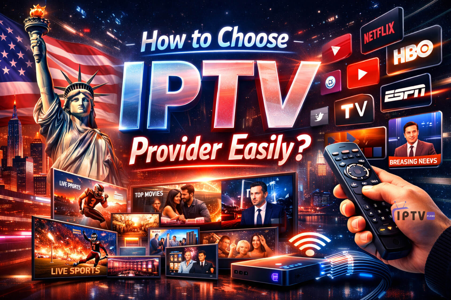 How to Choose IPTV Provider Easily – professional IPTV promotional banner with American theme, streaming apps, remote control, and multiple screens showing live sports, movies, and news channels in a futuristic digital style.