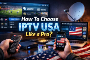 How To Choose IPTV USA Like a Pro - IPTV streaming setup with smart TV, remote control, smartphone, laptop and USA channels interface