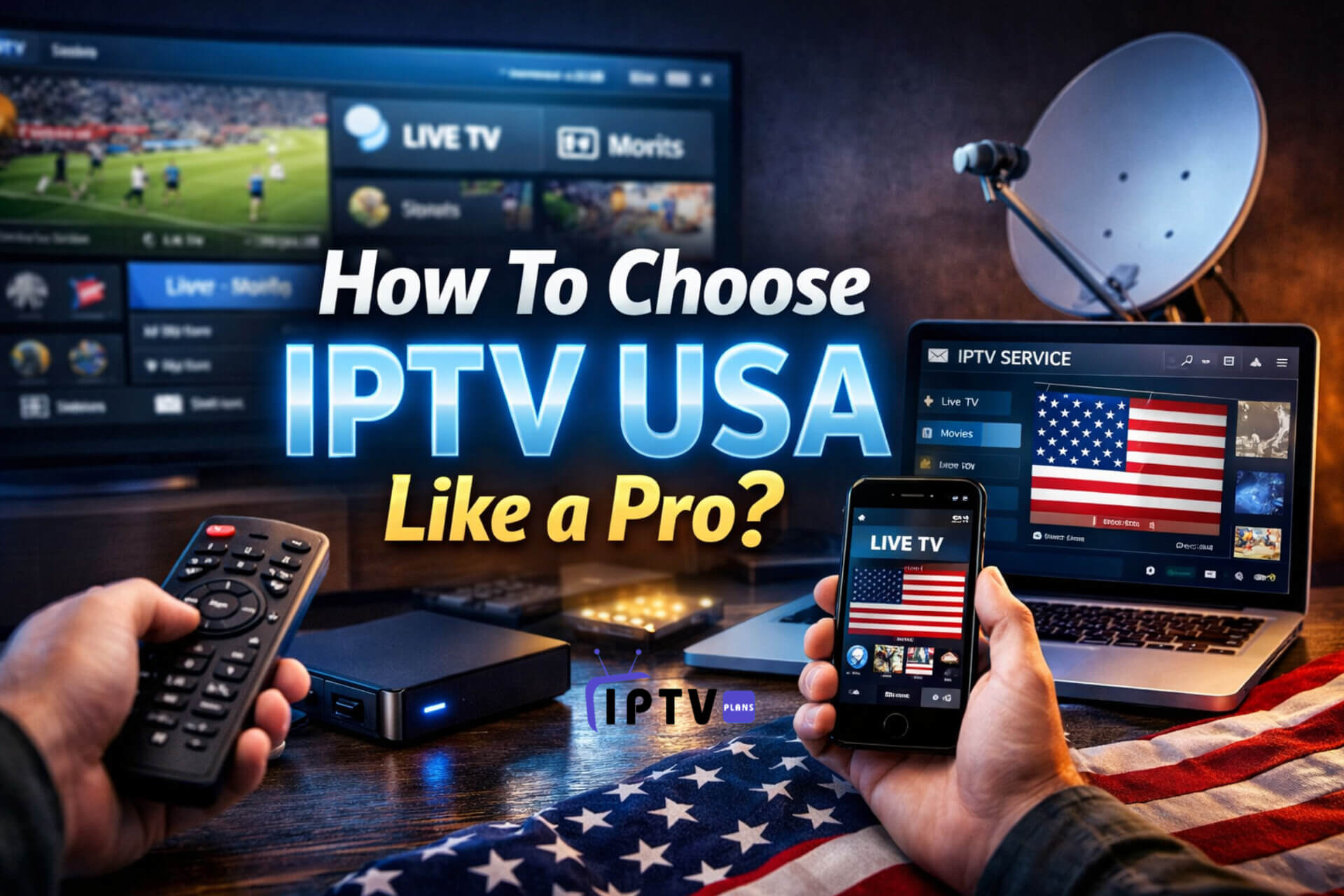 How To Choose IPTV USA Like a Pro - IPTV streaming setup with smart TV, remote control, smartphone, laptop and USA channels interface