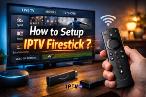 Alt text: A professional promotional banner showing a hand holding an Amazon Fire TV Stick remote in front of a TV displaying IPTV interface categories like live TV, movies, and entertainment. The image includes bold headline text reading “How to Setup IPTV Firestick?” with a modern glowing effect, alongside Wi-Fi and streaming device elements in a cozy living room setting.