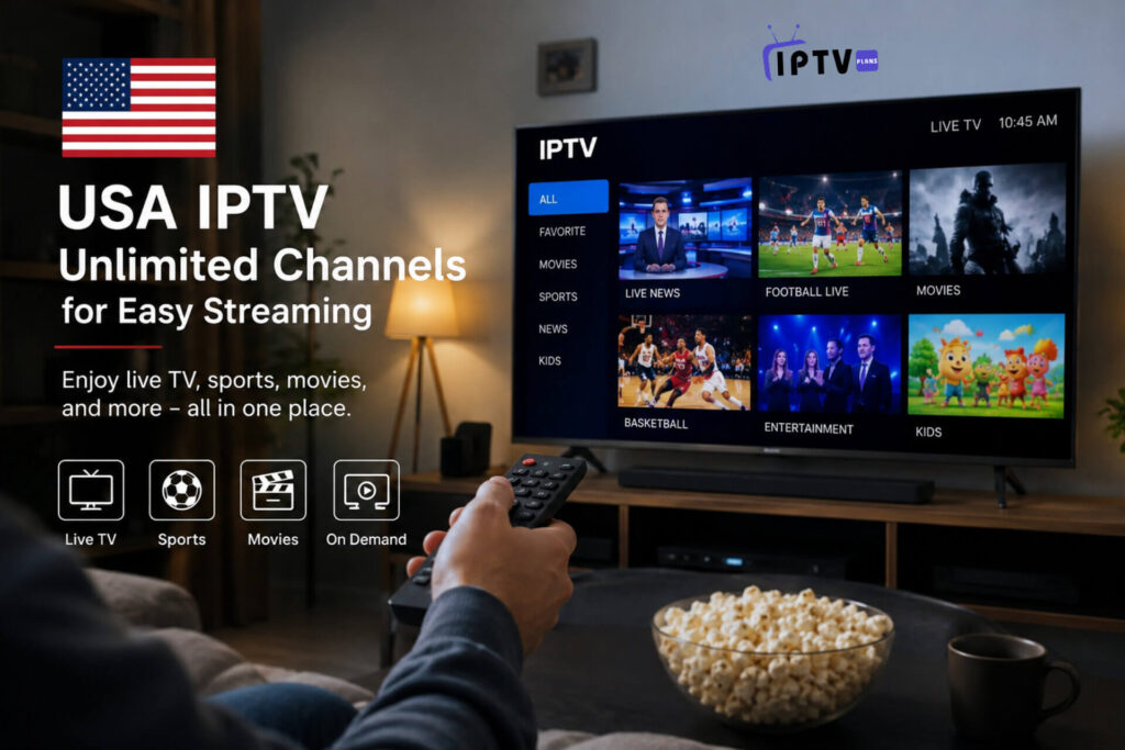 USA IPTV Unlimited Channels for Easy Streaming displayed on a modern TV screen in a cozy living room, showing live TV, sports, movies, and on-demand content with a user holding a remote control.