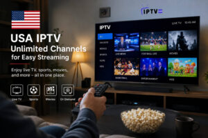 USA IPTV Unlimited Channels for Easy Streaming displayed on a modern TV screen in a cozy living room, showing live TV, sports, movies, and on-demand content with a user holding a remote control.