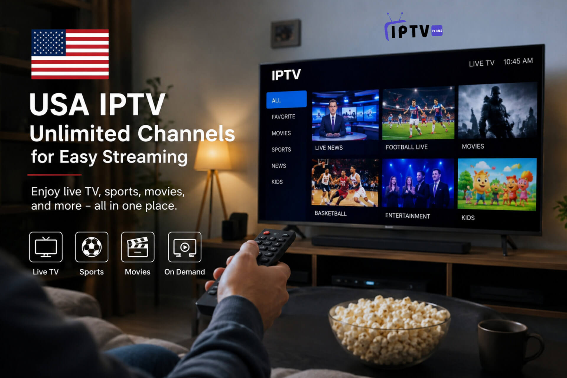 USA IPTV Unlimited Channels for Easy Streaming displayed on a modern TV screen in a cozy living room, showing live TV, sports, movies, and on-demand content with a user holding a remote control.