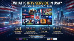 A professional promotional banner for US IPTV service featuring a large Smart TV screen showcasing premium American sports, news, and movie channels. The background displays a modern USA cityscape at night with the American flag. The image includes text overlays: 'What Is IPTV Service in USA? A Complete Beginner to Pro Guide' along with informational icons for setup, features, and streaming devices like Firestick, Roku, and Smart TV