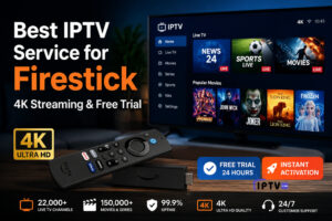 Best IPTV Service for Firestick with 4K streaming and free trial displayed on a modern smart TV setup, featuring IPTV interface, Fire TV Stick remote, live TV channels, movies, and ultra HD entertainment options in a professional home environment.