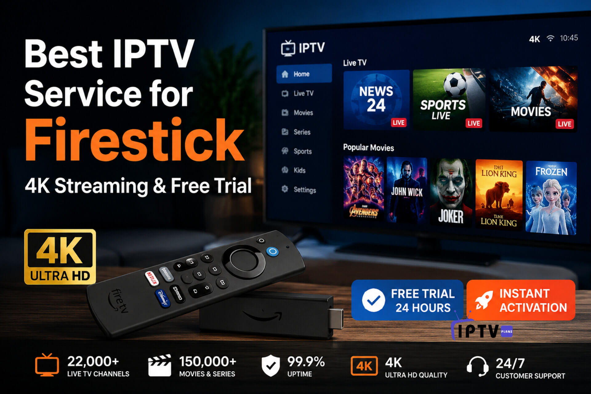 Best IPTV Service for Firestick with 4K streaming and free trial displayed on a modern smart TV setup, featuring IPTV interface, Fire TV Stick remote, live TV channels, movies, and ultra HD entertainment options in a professional home environment.